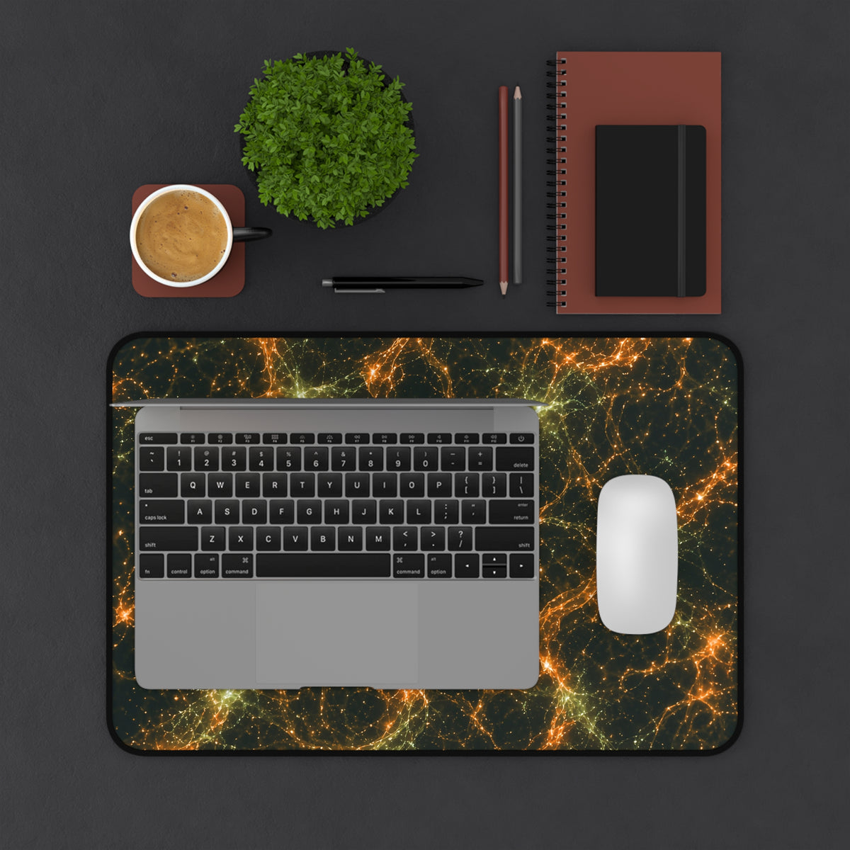 Neon Mycelium - Electric Tangerine Teal Desk Mat