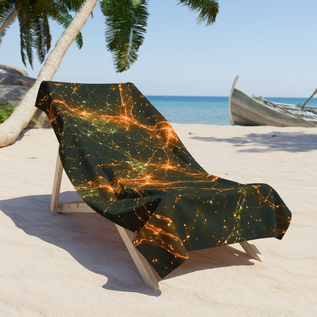 Neon Mycelium - Electric Tangerine Teal Beach Towel