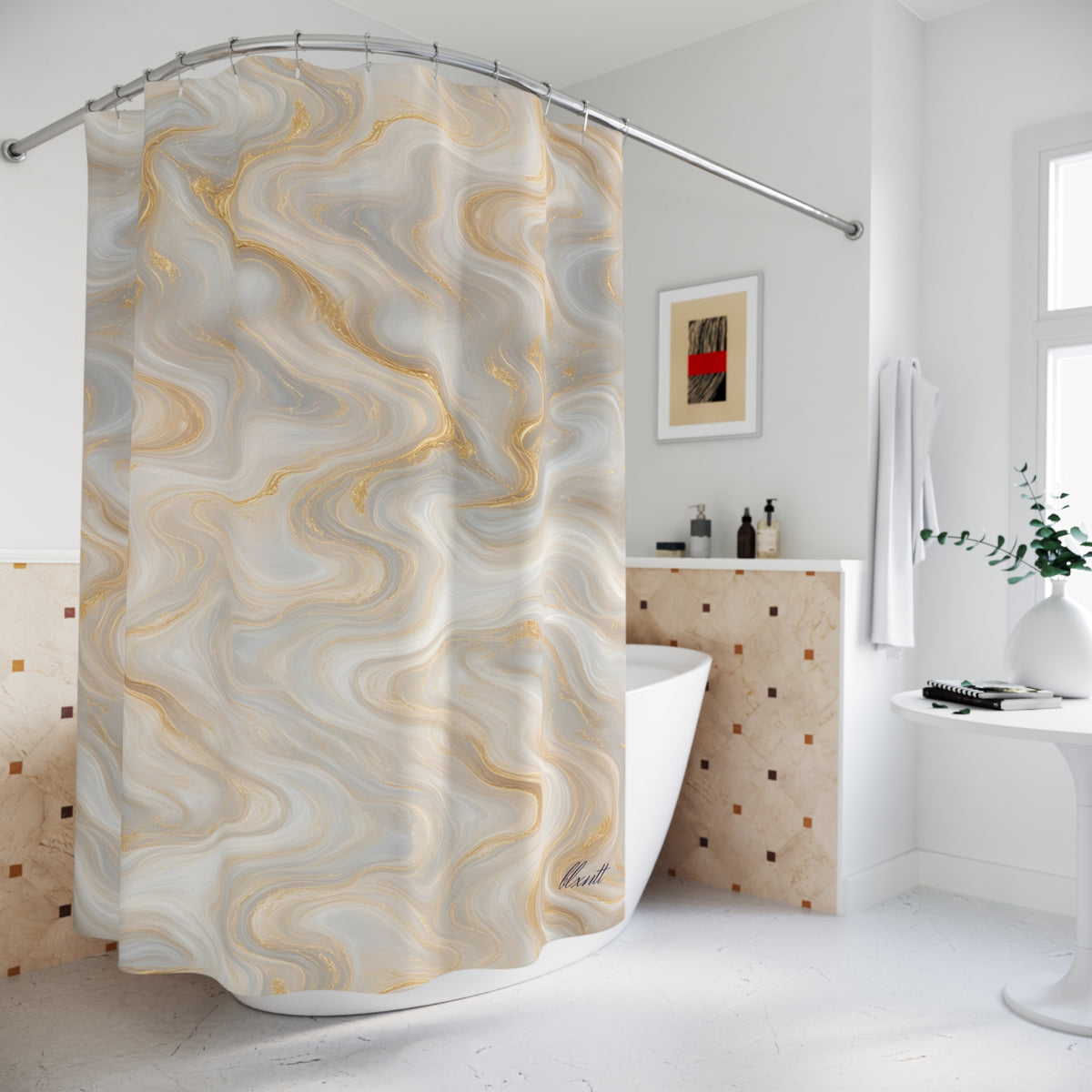 White & Gold Marble Shower Curtain