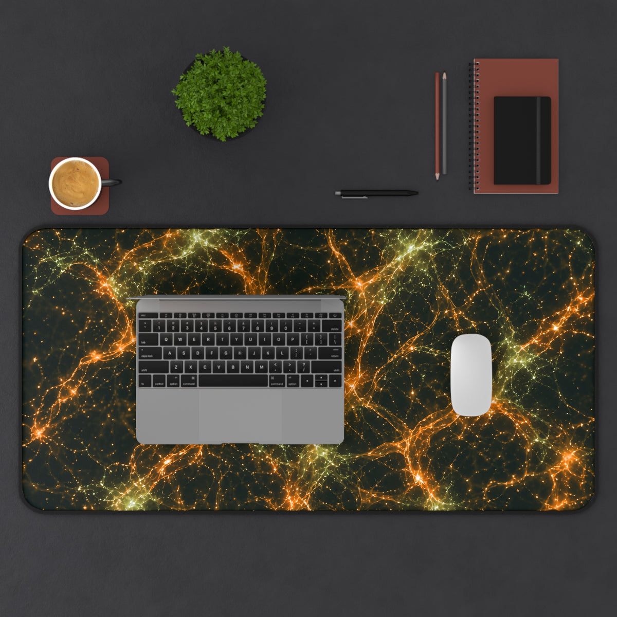 Neon Mycelium - Electric Tangerine Teal Desk Mat
