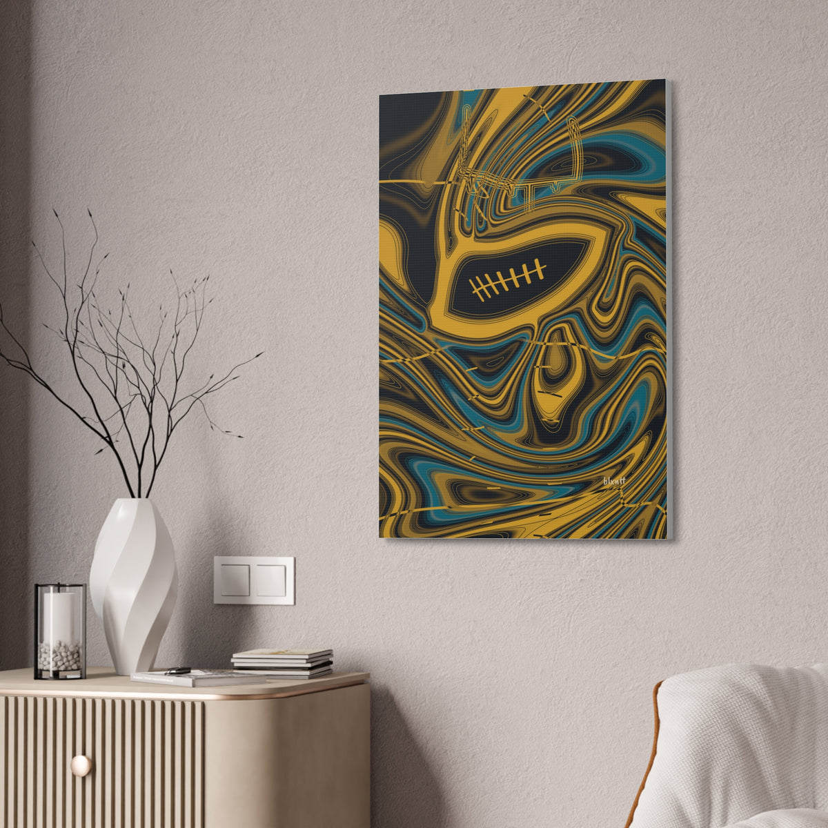 Black, Gold & Teal Trippy Football Glossy Canvas