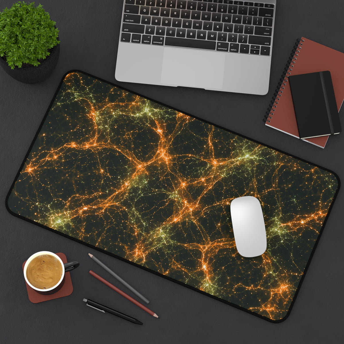 Neon Mycelium - Electric Tangerine Teal Desk Mat
