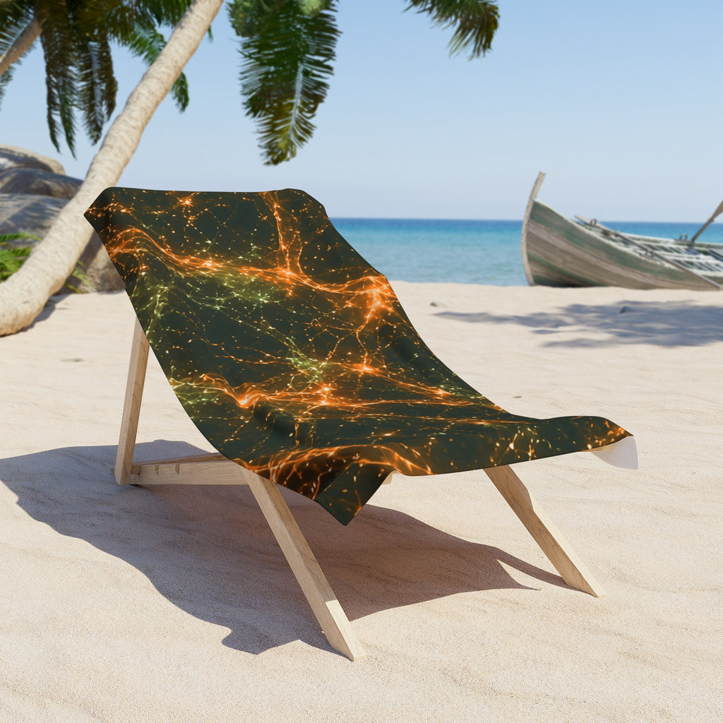 Neon Mycelium - Electric Tangerine Teal Beach Towel
