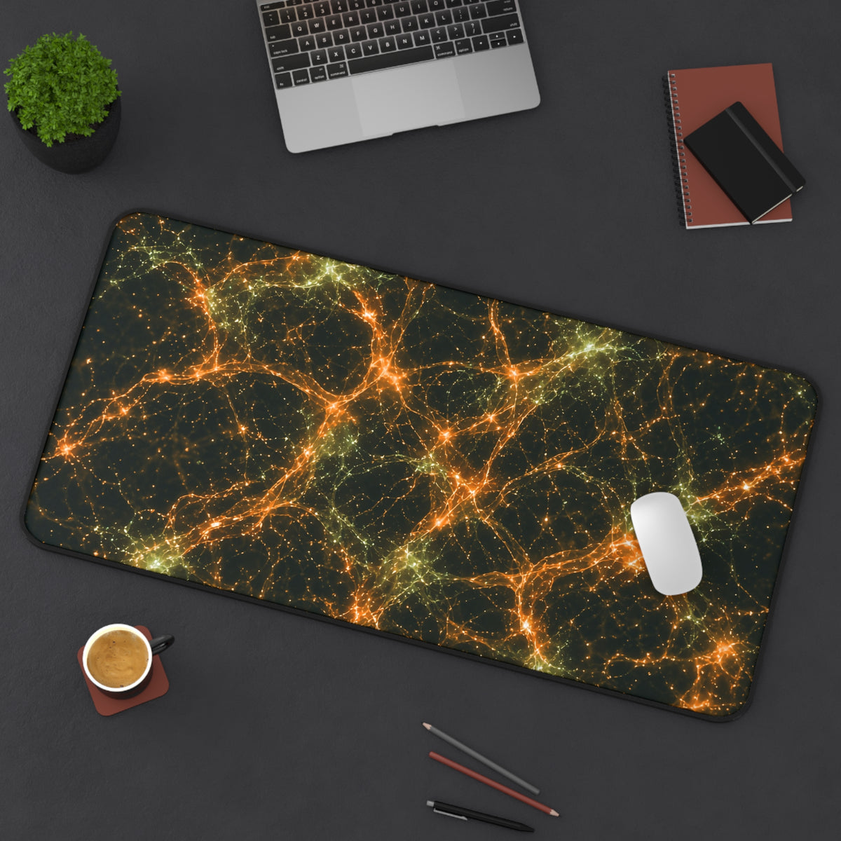 Neon Mycelium - Electric Tangerine Teal Desk Mat