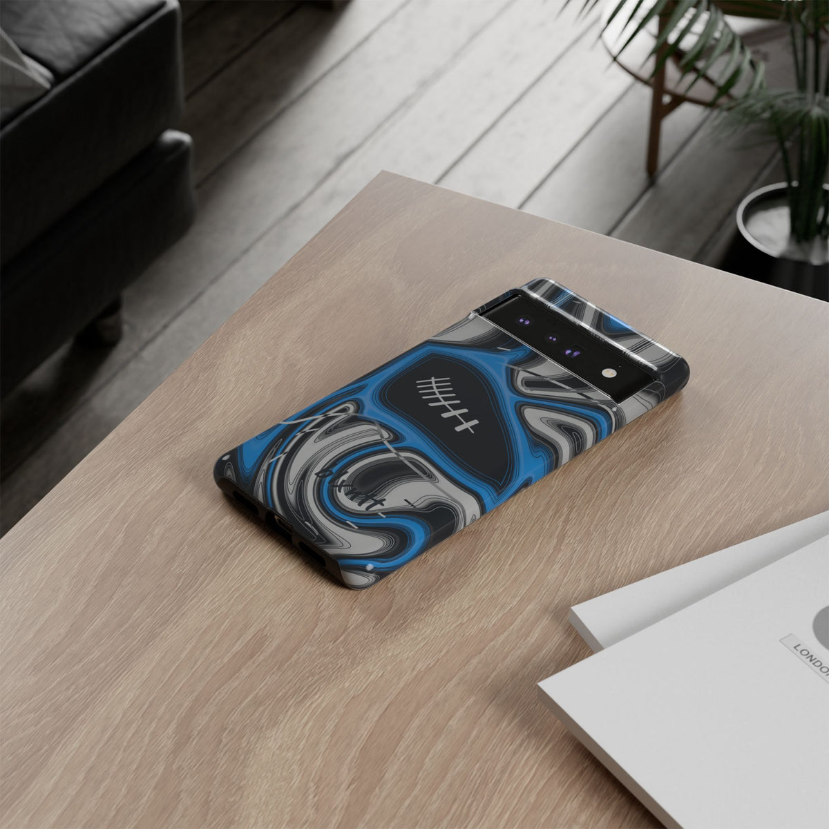 Sky Blue, Black & Silver Trippy Football Phone Case