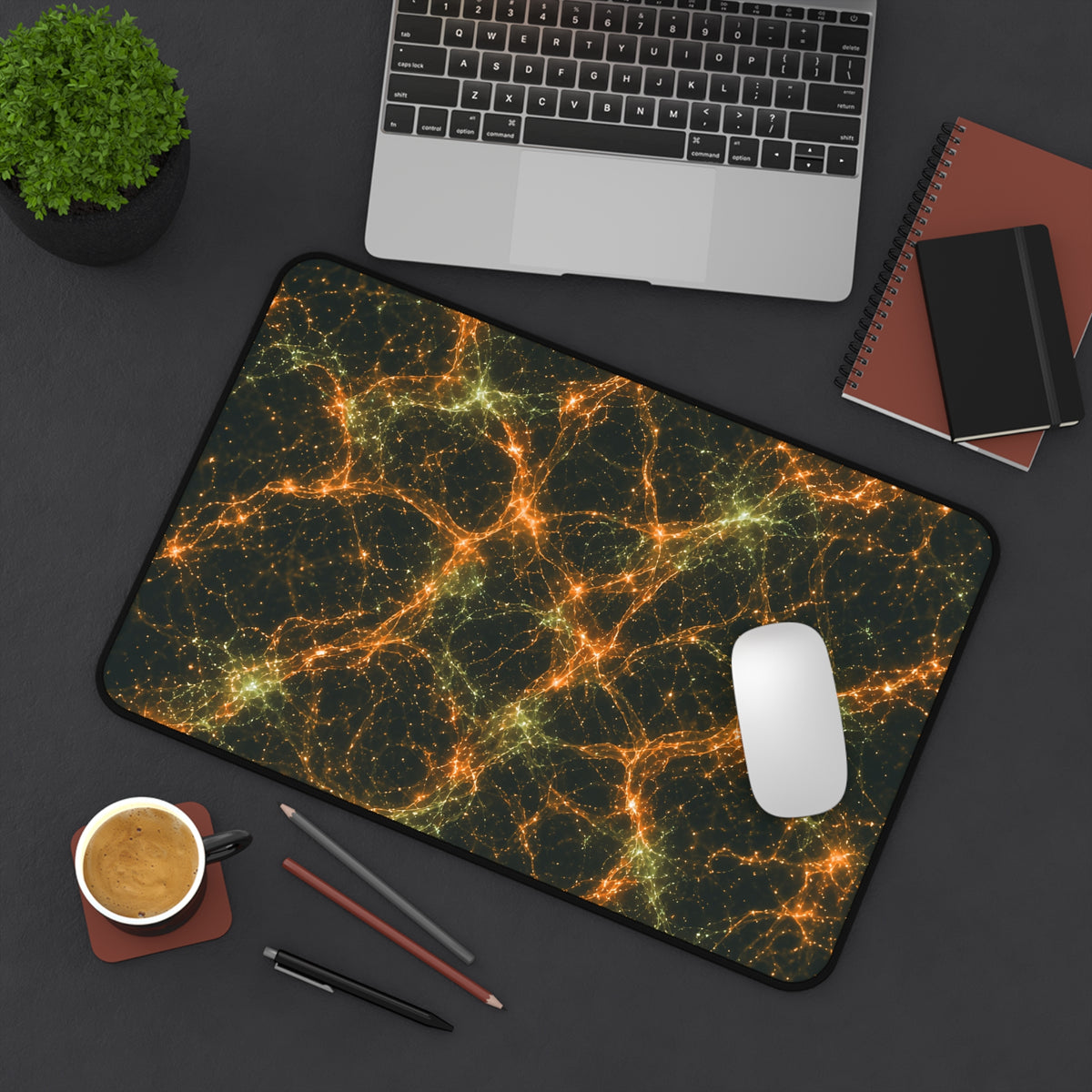 Neon Mycelium - Electric Tangerine Teal Desk Mat
