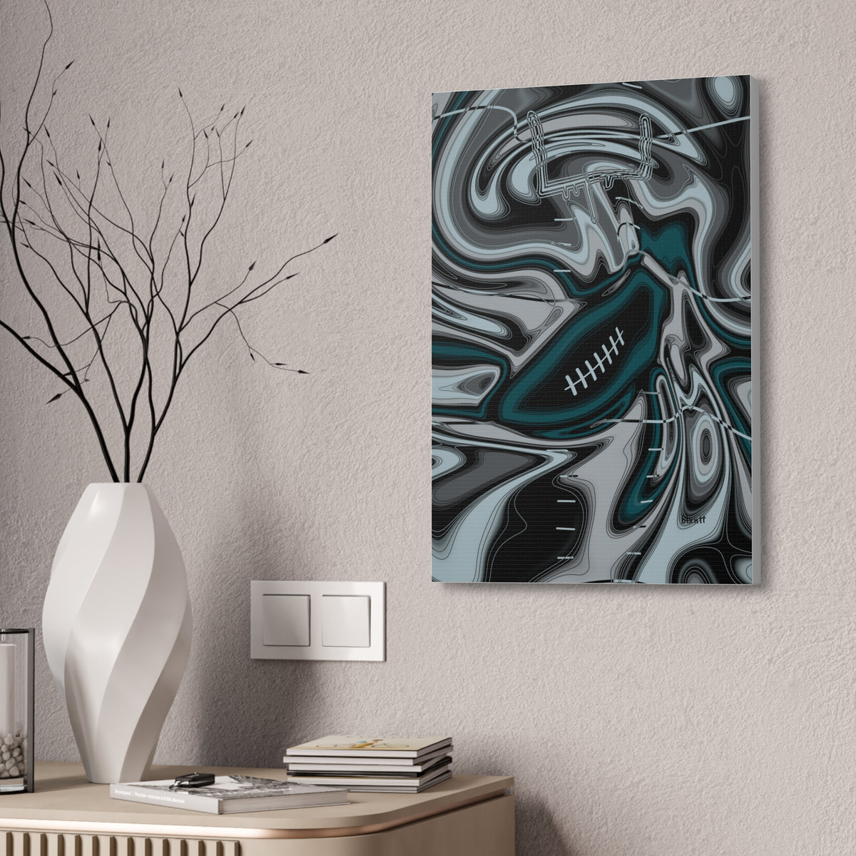Midnight Green & Silver Trippy Football Glossy Canvas