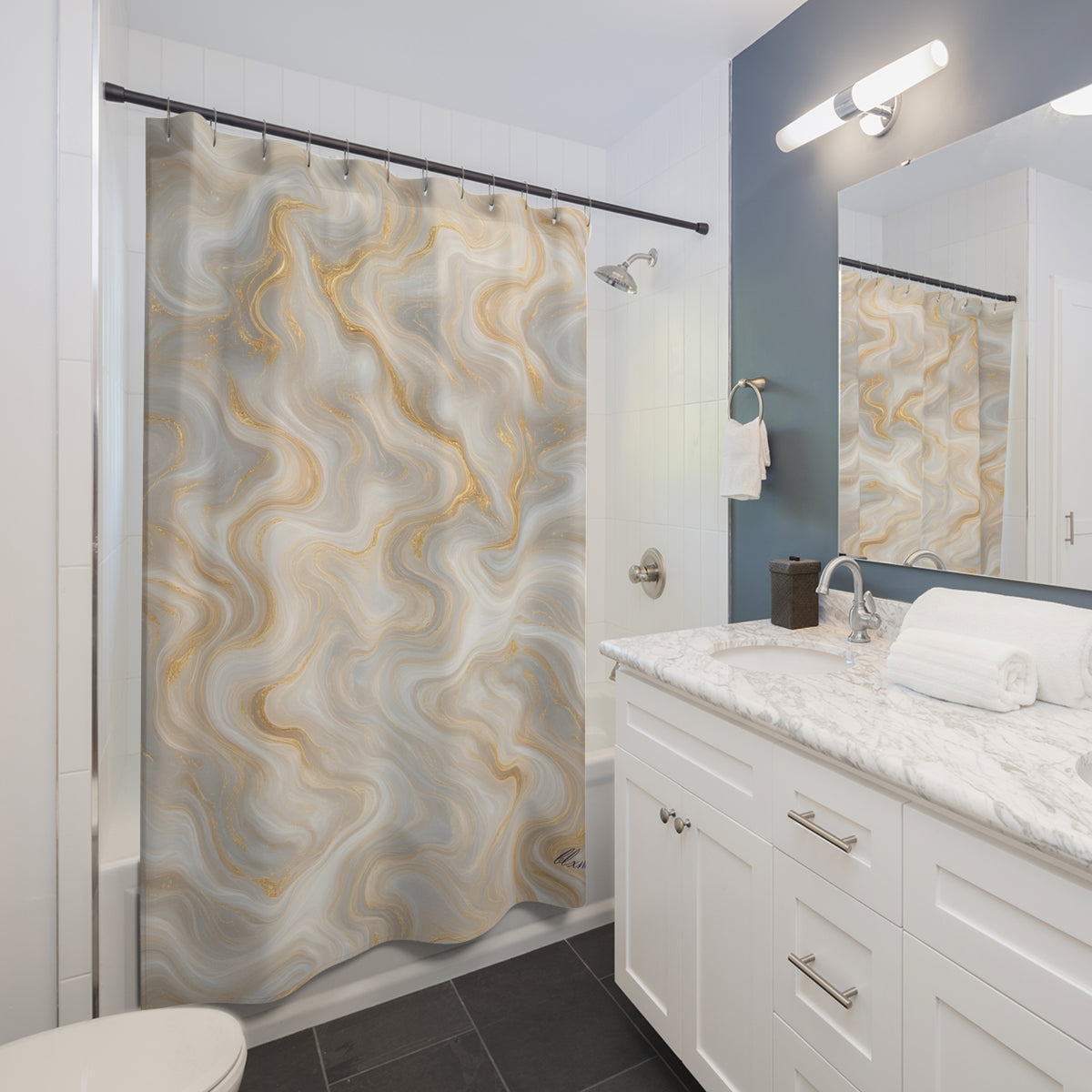 White & Gold Marble Shower Curtain