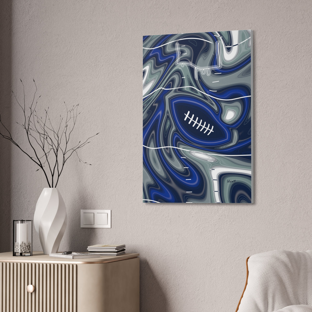 Royal Blue, Navy & Silver Trippy Football Glossy Canvas