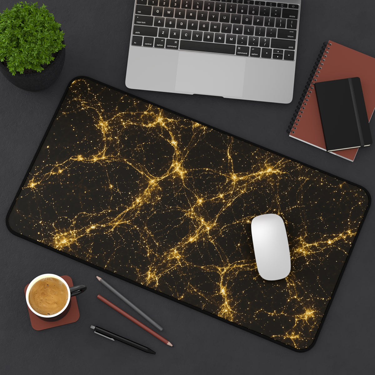 Neon Mycelium - Gold Filigree Desk Mat