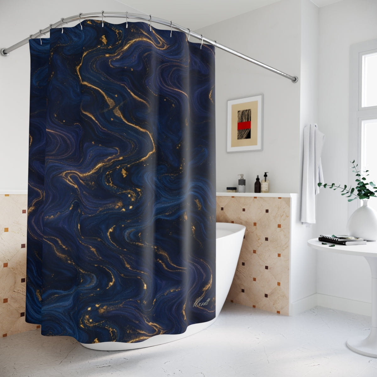 Navy & Gold Marble Shower Curtain in a bathroom