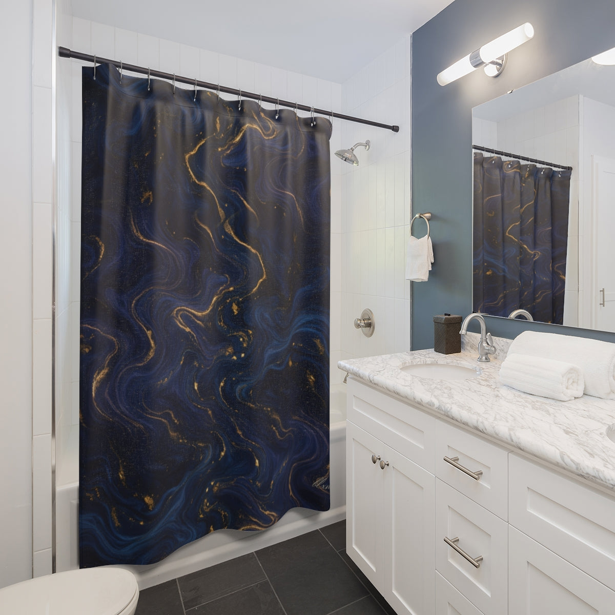 Navy & Gold Marble Shower Curtain in a bathroom